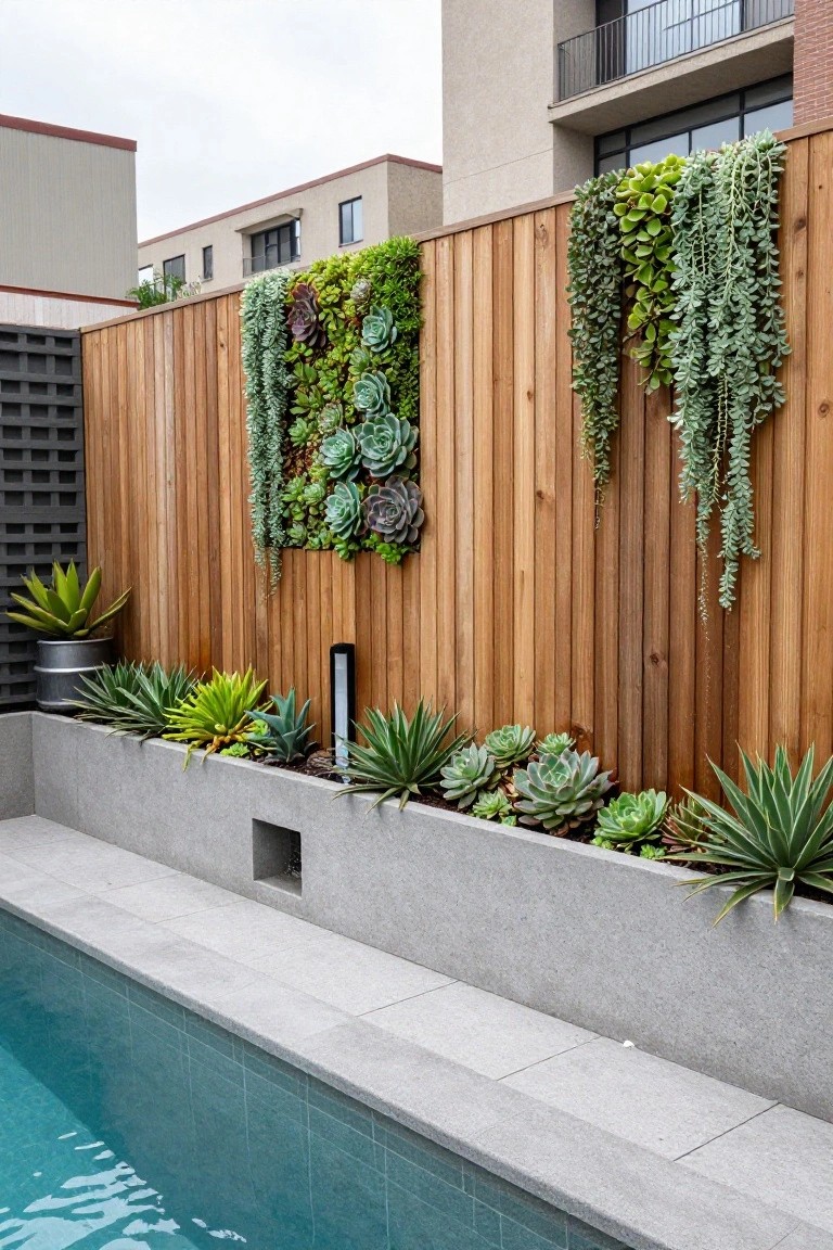 Wooden fences covered in vertical succulent gardens next to a pool, with raised concrete planters along the pool edge filled with agaves, aloes, and other succulents.