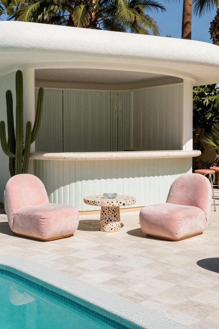 White curved bar structure with pink upholstered chairs, round terrazzo table with ashtray, cacti plants, and edge of blue-tiled swimming pool on tiled deck.