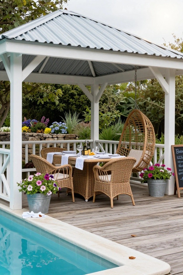White wooden gazebo with corrugated metal roof on a wooden deck beside a pool, sheltering a wicker dining table with chairs, potted plants, and a hanging egg chair.
