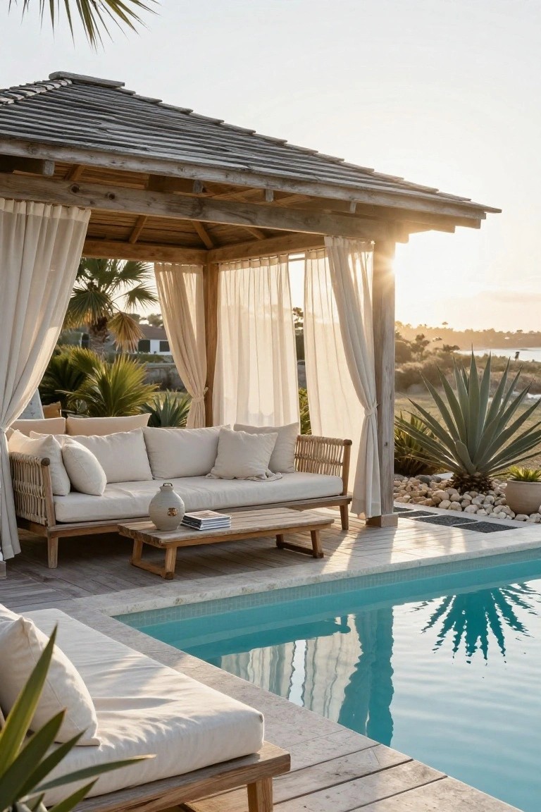 Wooden gazebo with sheer white curtains partially enclosing a beige rattan sofa and low wooden table on a deck adjacent to a turquoise pool, with palm trees, agaves, and sunset light in the background.