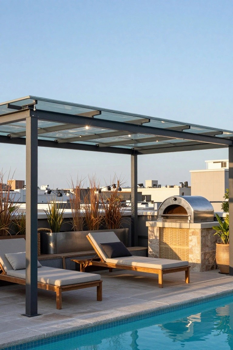 Rooftop pool deck under a steel pergola with glass roof, featuring wooden chaise lounges, stone-based pizza oven, potted plants and grasses, with city buildings in the background.