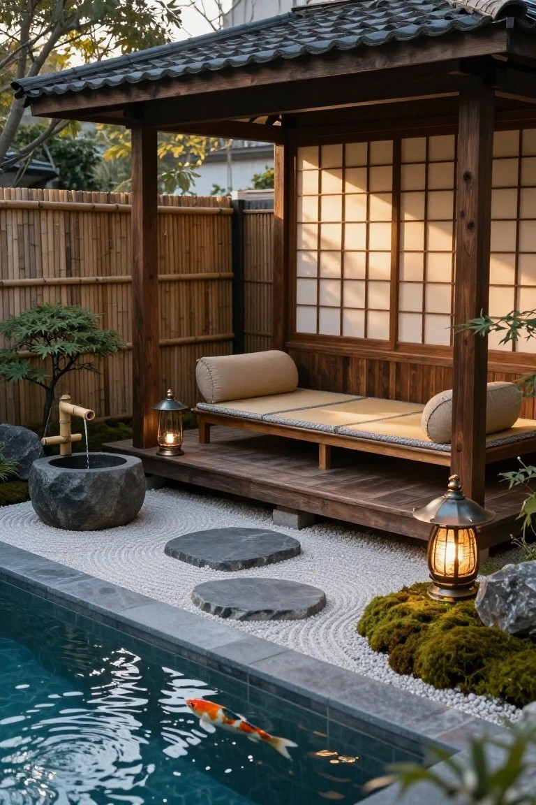 Wooden gazebo with shoji screens, cushioned bench, and lanterns on a raised deck next to a rectangular pool containing koi fish, bordered by gravel, rocks, moss, and plants.