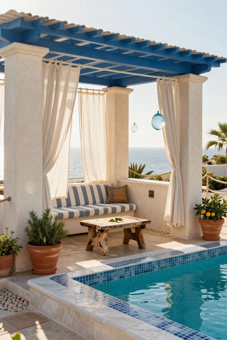Blue pergola with white sheer curtains enclosing a blue-and-white striped outdoor sofa and rustic wooden table next to a turquoise-tiled pool, with potted plants and ocean view in the background.