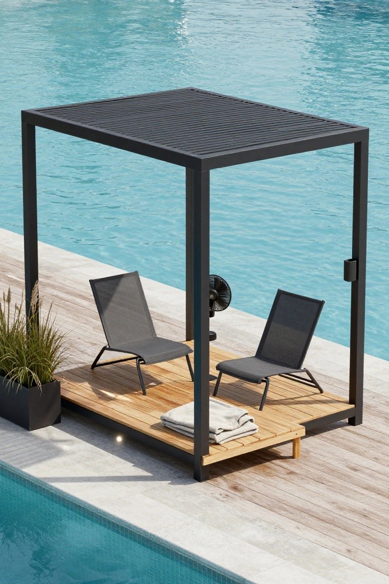 Black metal gazebo with slatted roof on wooden deck platform extending toward turquoise swimming pool, with two gray mesh chairs, pedestal fan, folded white towels, and potted ornamental grass.