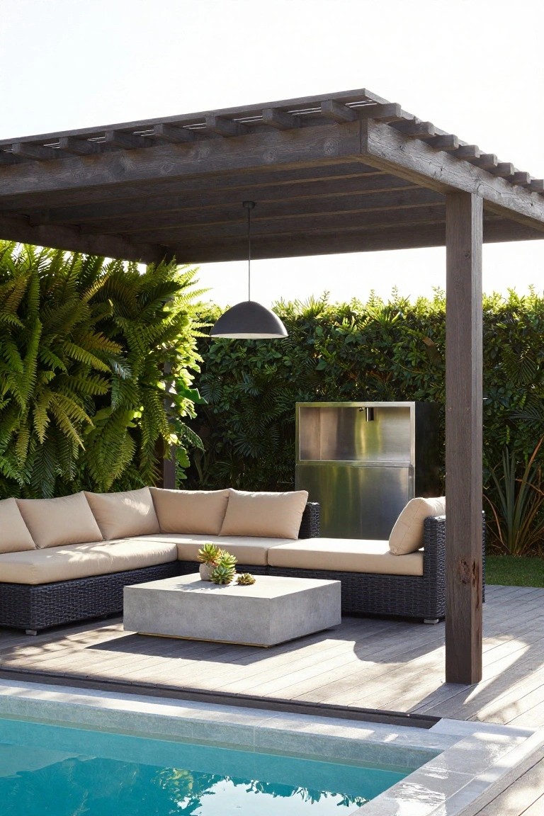 Wooden pergola shading beige L-shaped outdoor sofa and low concrete table with succulents on gray wood deck beside turquoise pool, with green ferns, hedges, and stainless steel cabinet nearby.