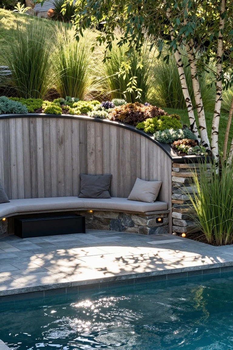 Curved wooden bench with gray cushions built into a sloped retaining wall beside a rectangular pool, surrounded by grasses, succulents, birch trees, and stone accents.