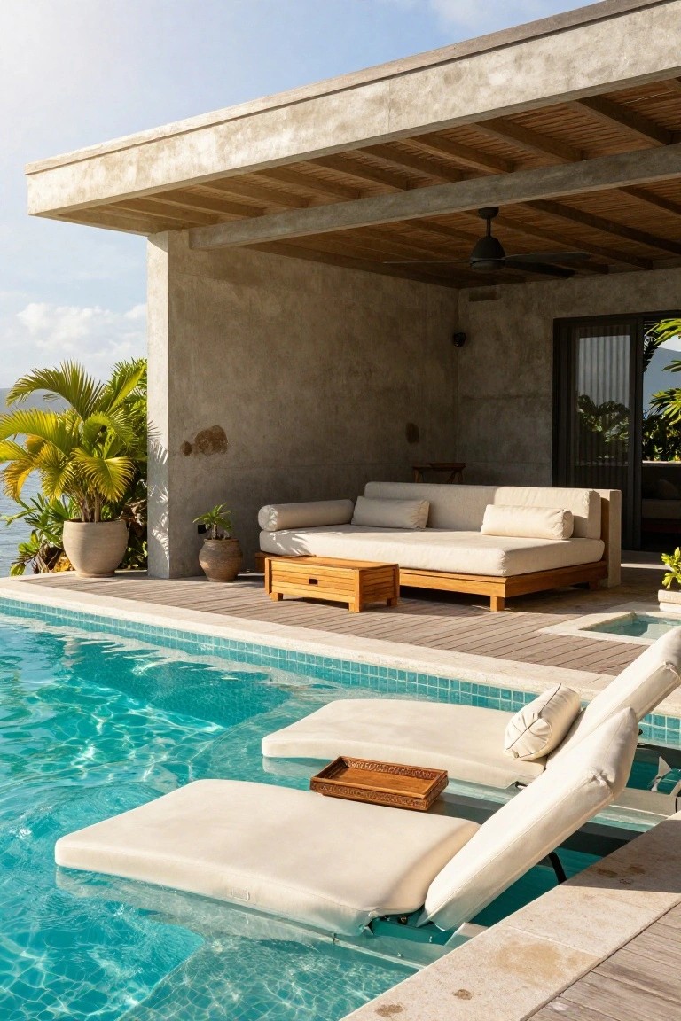 Outdoor pool deck with concrete and wood covered terrace, low beige daybed sofa with cushions, wood coffee table, potted plants, two white floating loungers in turquoise pool, tropical palms, and ocean view.