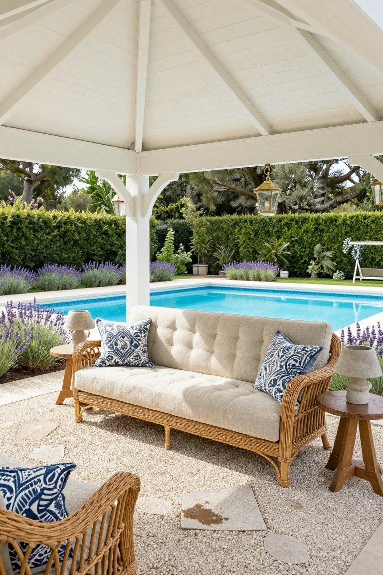 White wood gazebo with peaked roof covers beige wicker sofa, armchair, and side tables on gravel pool deck beside rectangular turquoise pool, with lavender plants, hedges, and trees in background.