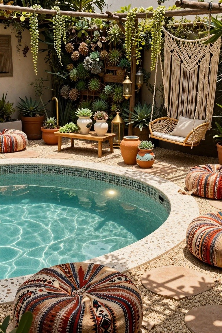 Small circular turquoise pool in a pebbled outdoor patio surrounded by colorful patterned floor poufs, a woven hanging swing with cushions, potted succulents, lanterns, and lush vertical greenery on wooden trellises.