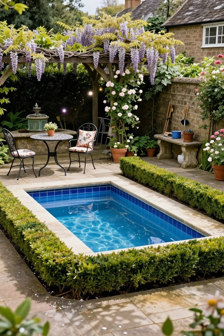 A small rectangular blue-tiled plunge pool surrounded by low boxwood hedges in a stone-paved courtyard, with a wrought-iron bistro table and chairs, potted plants, garden tools on a bench, and wisteria-covered pergola against brick walls.