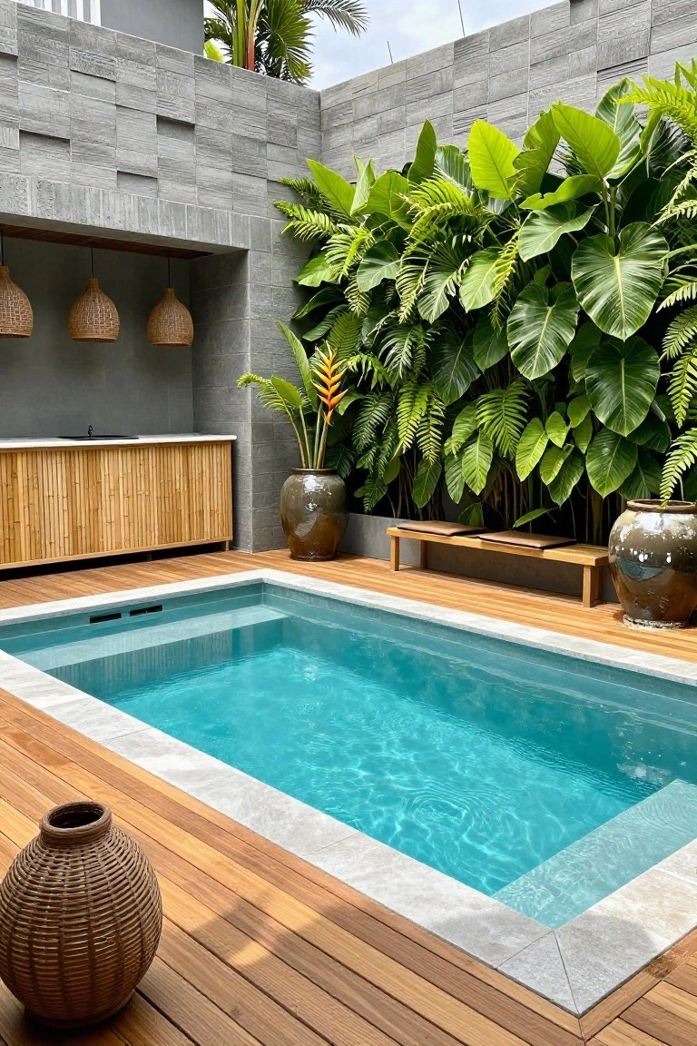 Small rectangular turquoise plunge pool with white marble edging on a wooden deck patio, flanked by a bamboo bar cabinet with sink, wooden bench, rattan hanging lanterns, large ceramic pots, and dense tropical greenery against textured gray block walls.