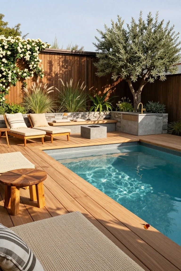 Small turquoise plunge pool surrounded by light wooden decking in a backyard, with wooden loungers, a side table, stone fire pit, potted plants, olive tree, and wooden fence.
