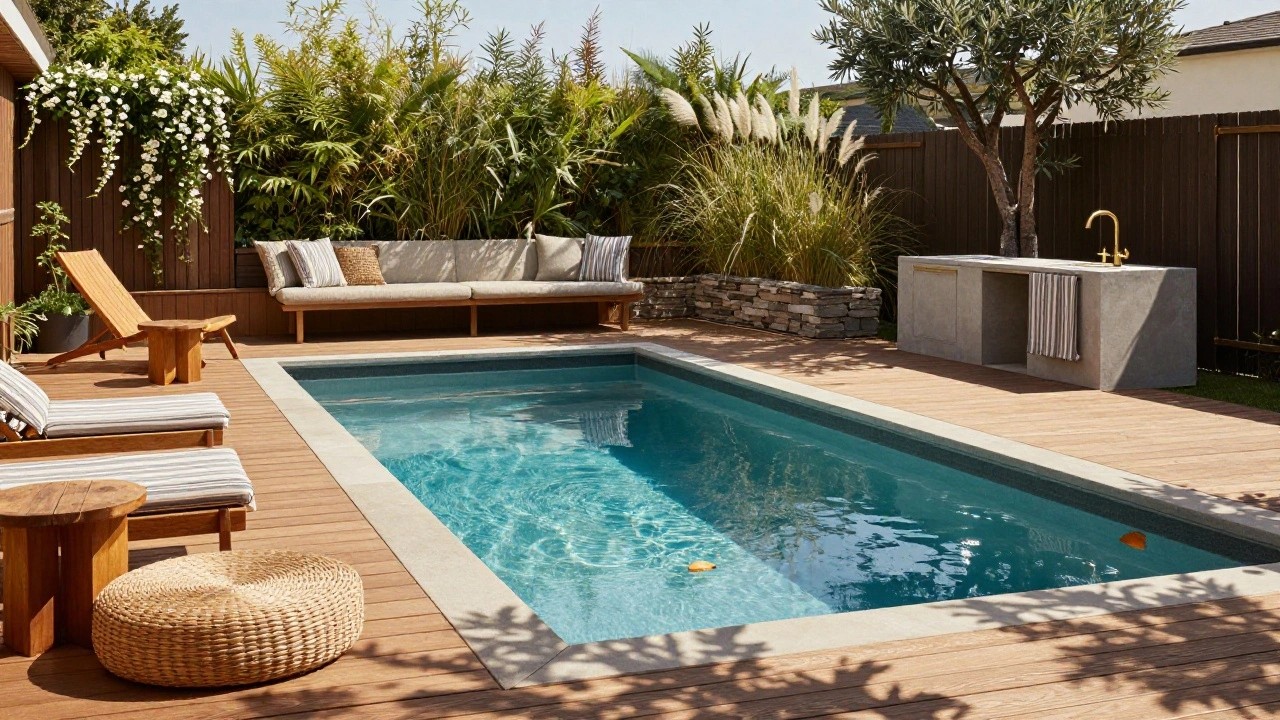 Small turquoise plunge pool surrounded by light wooden decking in a backyard, with wooden loungers, a side table, stone fire pit, potted plants, olive tree, and wooden fence.