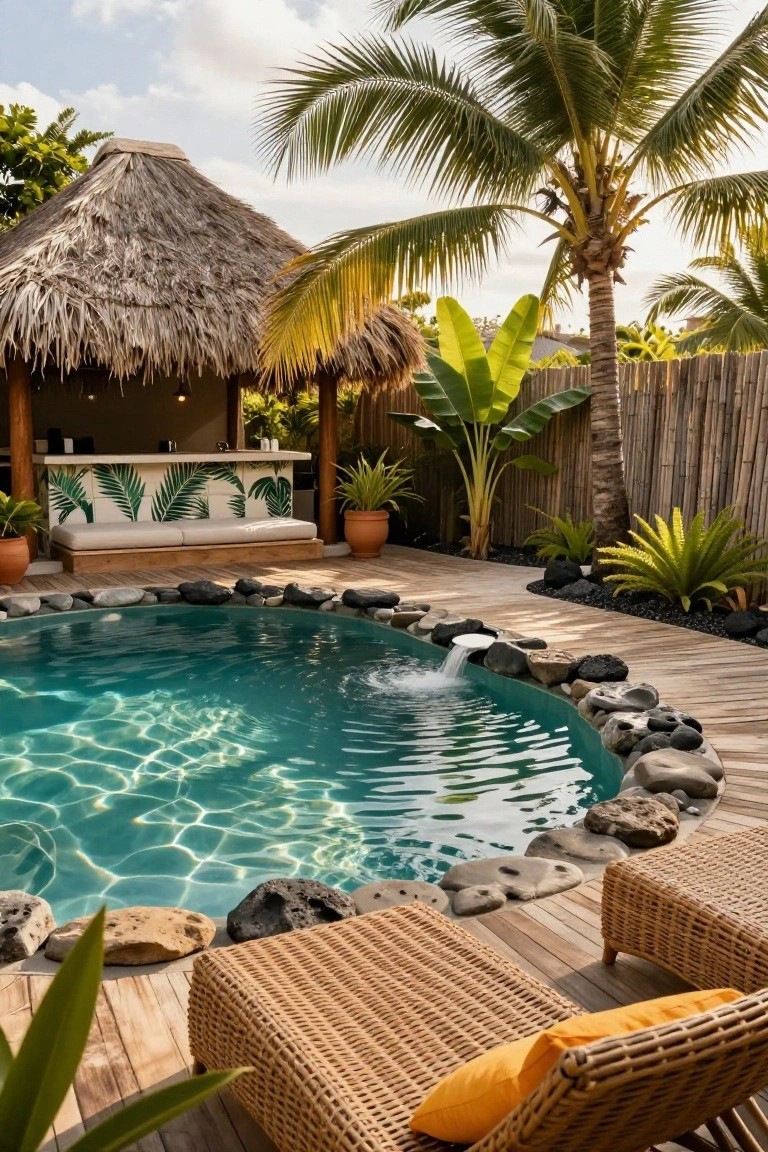 Curved turquoise pool edged with black lava rocks and pebbles on a wooden deck, adjacent to rattan loungers, potted plants, and a thatched-roof bar structure with palm leaf tile backsplash, surrounded by tropical foliage and bamboo fencing.