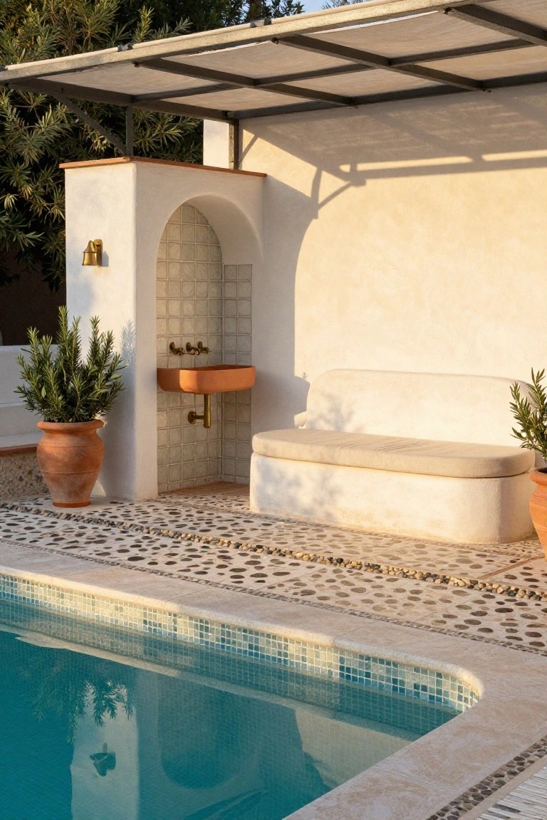 Outdoor poolside patio with white stucco architecture, arched tiled wall niche containing orange terracotta sink and brass faucet, built-in white cushioned bench, potted rosemary and olive plants in terracotta pots, pebble stone flooring, and turquoise pool edge.