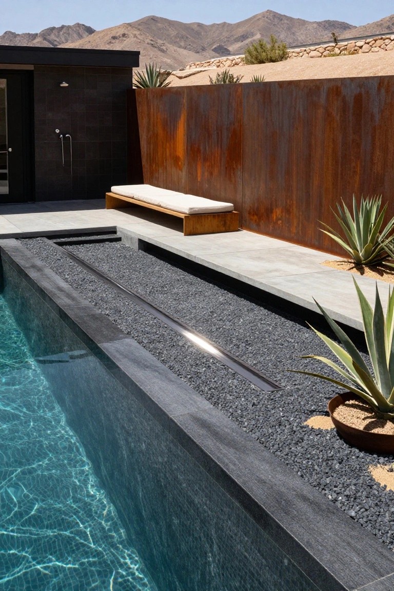 Modern infinity-edge pool with dark tile interior, black pebble-filled channel along the edge, concrete deck, rusted steel wall, outdoor shower, wooden bench, and agave plants in a desert landscape.