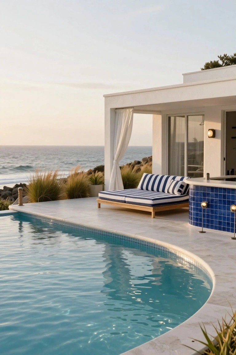 Curved blue-tiled bar counter and wooden daybed with white and navy striped cushions on a light stone pool deck extending from a white modern pavilion, with ocean view and grasses in the background.