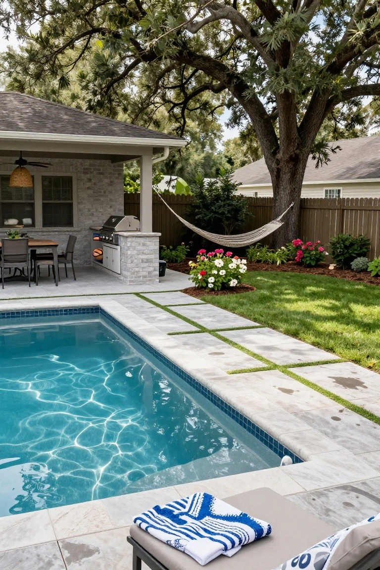 Backyard swimming pool with light gray stone deck of large square pavers separated by linear grass joints, adjacent built-in grill and outdoor dining table, lawn, plants, and hammock hanging from tree.