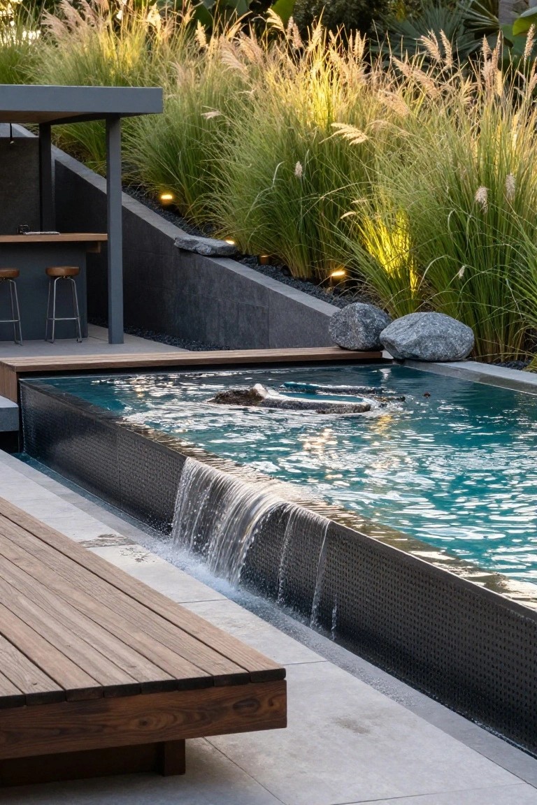 Modern infinity-edge pool with water cascading over a dark tiled wall into turquoise water, adjacent to a wooden lounge bench, bar counter with stools, large rocks, and tall ornamental grasses on a concrete patio.