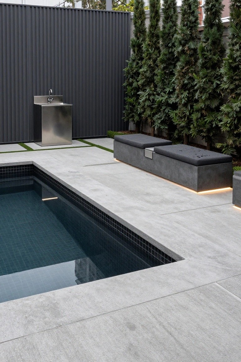 A small rectangular pool with dark mosaic tiles and light gray concrete decking, two built-in gray concrete benches with black cushions and edge lighting, a stainless steel sink stand, strips of artificial turf, and tall conifer trees against a dark metal fence.