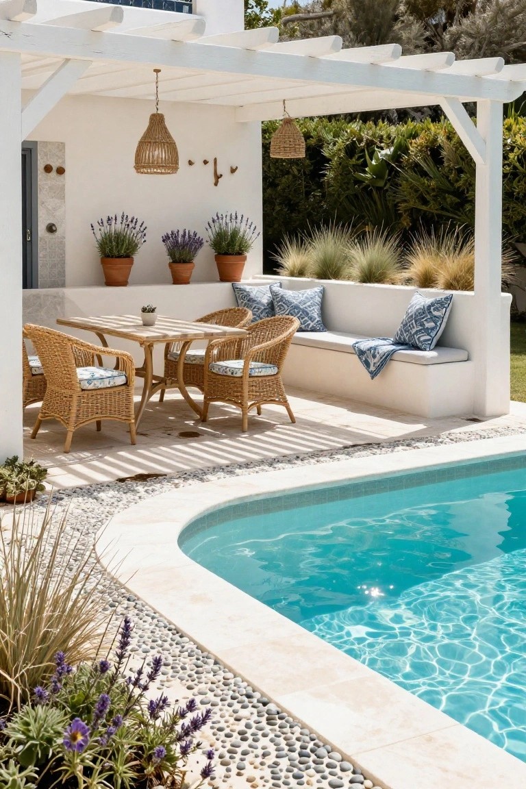White pergola-shaded patio with square wicker table, four matching chairs, built-in bench with blue cushions and throw, potted lavender plants, and curved turquoise pool edged in pebbles and grasses.