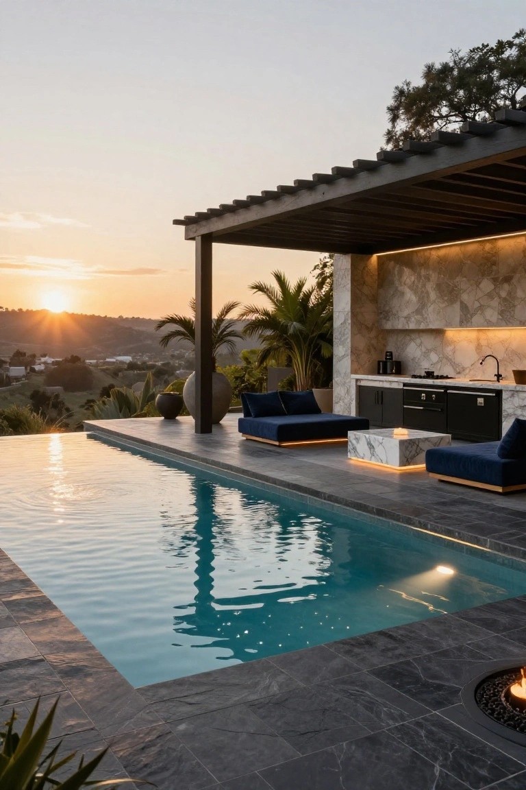 Modern infinity-edge pool with dark gray tiled deck, blue lounge seating and white marble table, built-in black outdoor kitchen with marble counters and backlit tile wall under slatted pergola, surrounded by palms and overlooking hills at sunset.