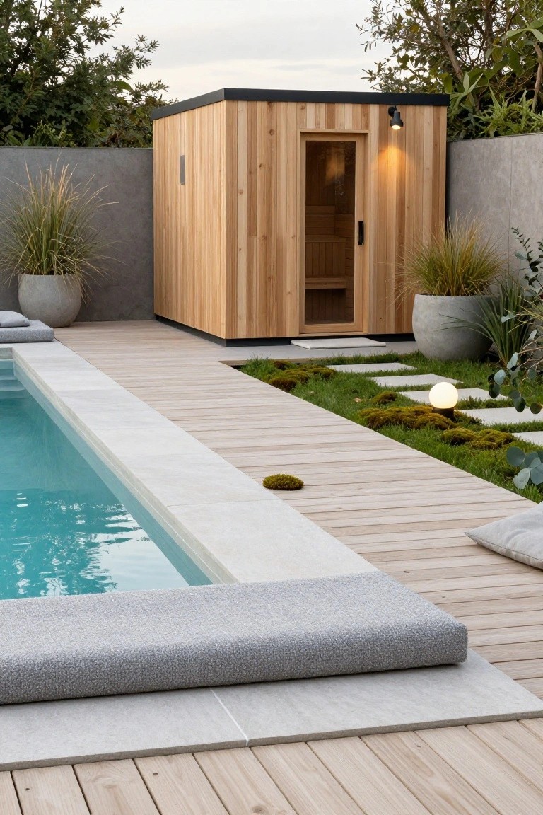 Wooden sauna cabin with glass door and black roof positioned on light wood deck next to a rectangular pool with white stone edging, potted grasses, and low landscaping nearby.