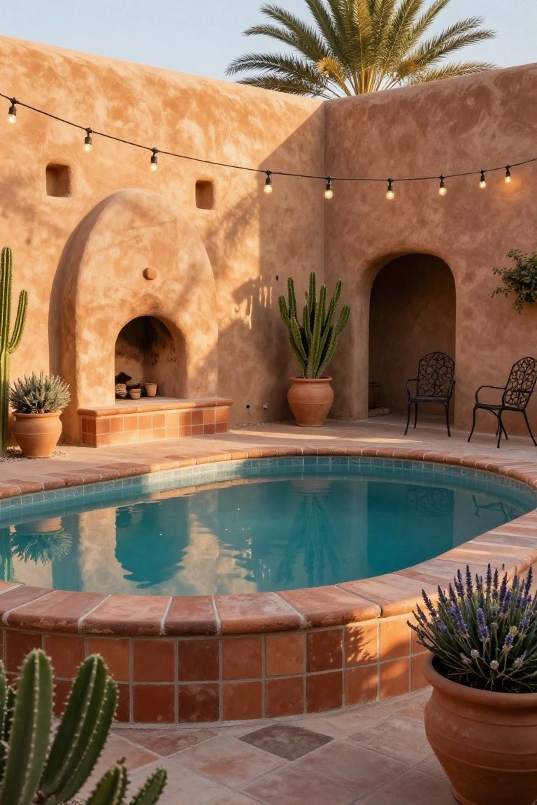 Curved turquoise pool in terracotta-tiled courtyard with beige adobe walls, arched built-in fireplace, potted cacti and lavender plants, two black metal chairs, string lights overhead, and palm trees above.