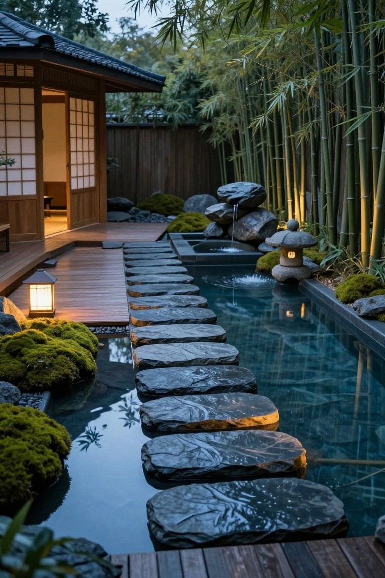 Narrow rectangular pool in a backyard crossed by large irregular gray stepping stones, with wooden decking on one side, stone lanterns, mossy rocks, bamboo plants, and a Japanese-style house nearby.