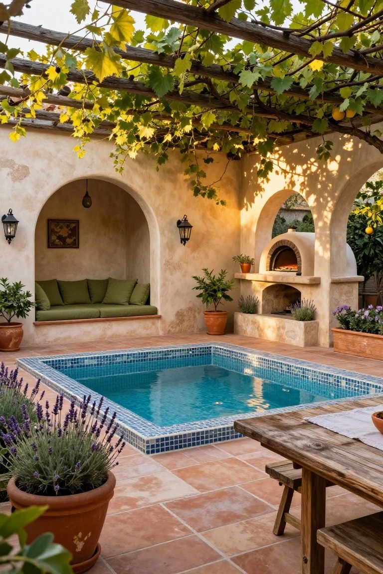 A small rectangular blue-tiled plunge pool in a terracotta-paved backyard patio under a grape vine-covered wooden pergola, with arched stucco walls featuring a green bench alcove, wood-fired oven, wooden dining table, and potted plants.