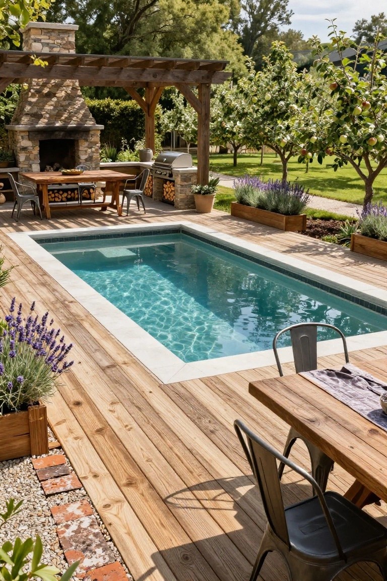 Rectangular turquoise plunge pool surrounded by light wooden decking in a backyard, with nearby outdoor dining table and metal chairs, stone outdoor fireplace, grill, wooden pergola, and potted lavender plants.
