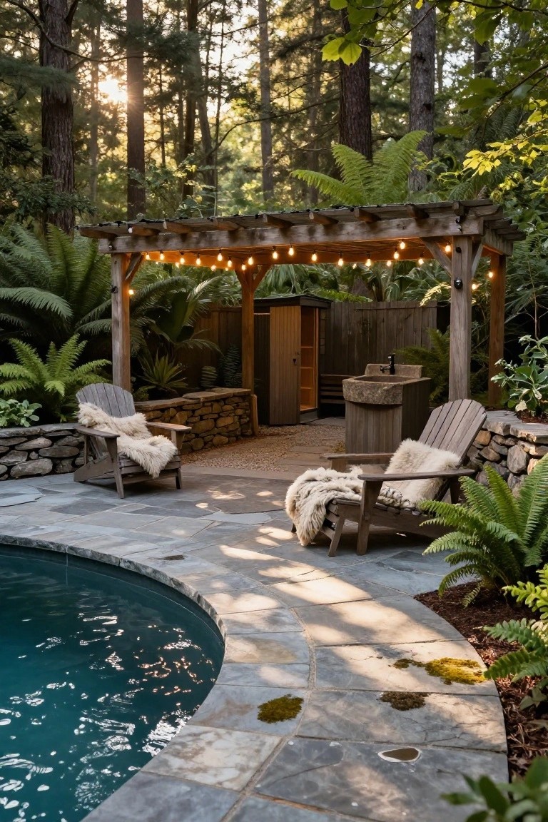 Wooden pergola with string lights shading Adirondack chairs with sheepskin throws next to an outdoor stone sink and small shed by a curved turquoise pool in a forested backyard.