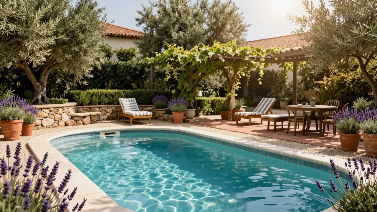 Inground swimming pool with clear blue water next to a low stone wall topped with two large terracotta pots of lavender plants, wooden lounge chairs on a nearby patio under a grapevine-covered pergola, olive trees and shrubs in the background.