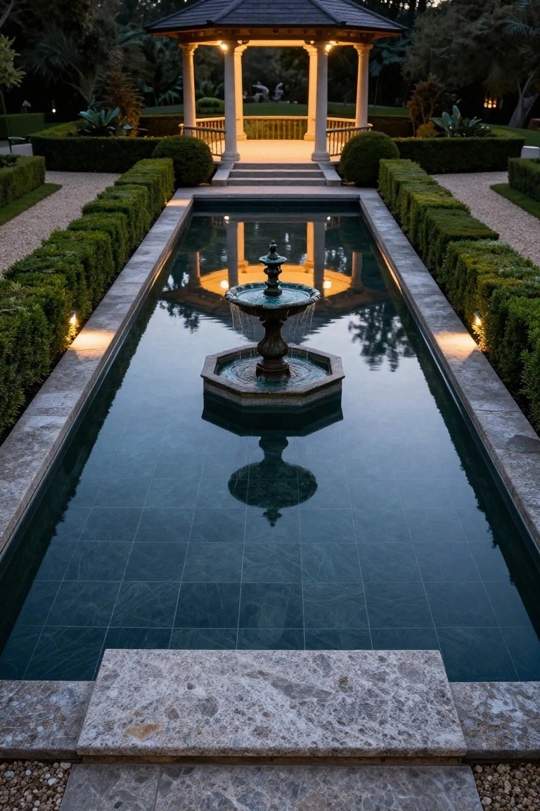 Rectangular inground reflecting pool with central fountain, flanked by tall clipped boxwood hedges on stone edges, gravel paths, and a lit gazebo at the end, viewed at dusk
