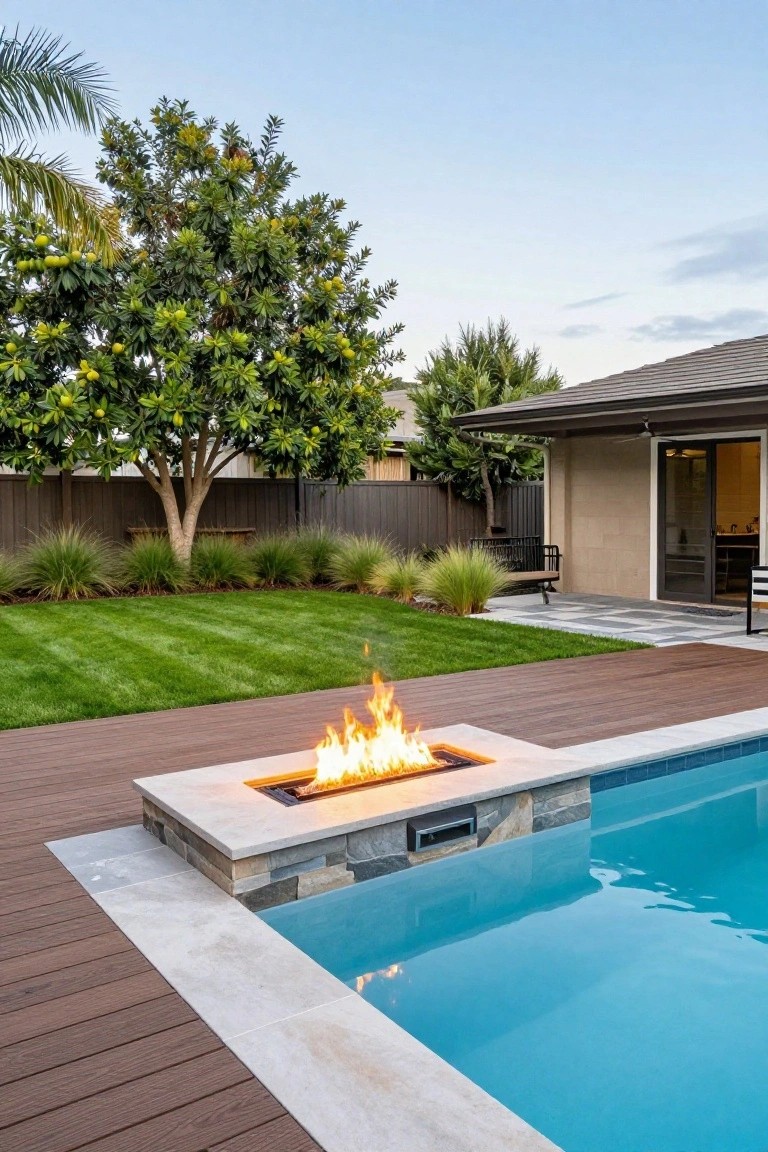 Backyard inground pool with linear gas fire pit built into stone-topped deck edge, wood decking surrounding the pool, grass lawn, citrus tree, and house in background.