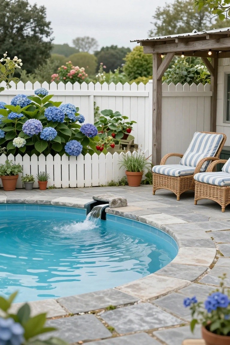 Curved turquoise-tiled inground pool with a small waterfall feature at the edge, adjacent stone paver patio with two striped wicker chaise lounges, large blue hydrangea bushes, white picket fence, and wooden pergola structure in a backyard.