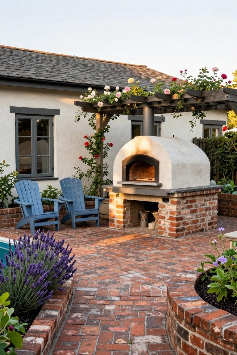 White wood-fired pizza oven on brick base next to inground pool edged with raised brick beds of lavender and plants, blue Adirondack chairs on brick paver path, rose-covered wooden arbor against white stucco house wall.