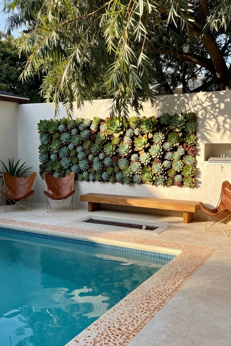 White stucco wall densely planted with various green and reddish succulents above a poolside area featuring two brown leather slingback chairs, a wooden bench, linear gas fire pit, and edge of an inground pool.