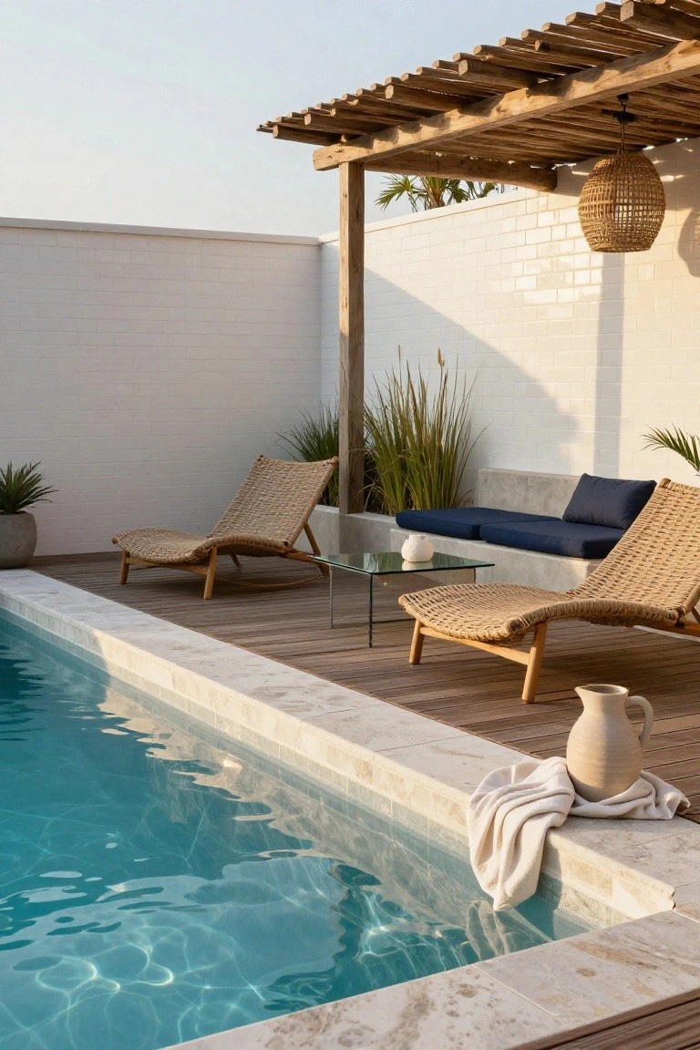 Pool area with light-colored stone coping along the edge, wooden deck platform, woven rattan loungers and bench, potted plants, terracotta jug with towel, hanging lantern, and pergola against white brick walls.