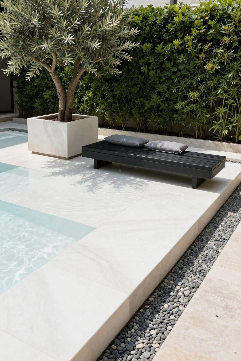 White tiled pool deck with shallow turquoise water, black wooden bench with gray cushions, potted olive tree, pebble border, and green hedges in the background.