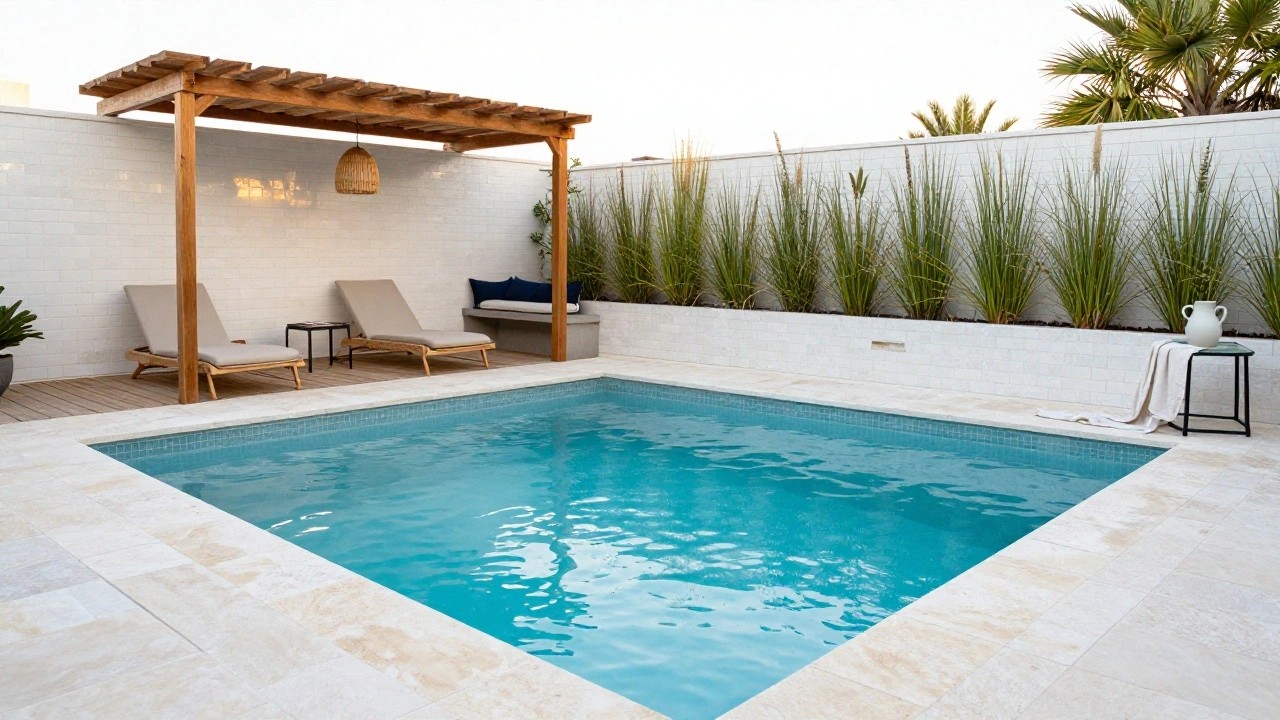 Pool area with light-colored stone coping along the edge, wooden deck platform, woven rattan loungers and bench, potted plants, terracotta jug with towel, hanging lantern, and pergola against white brick walls.