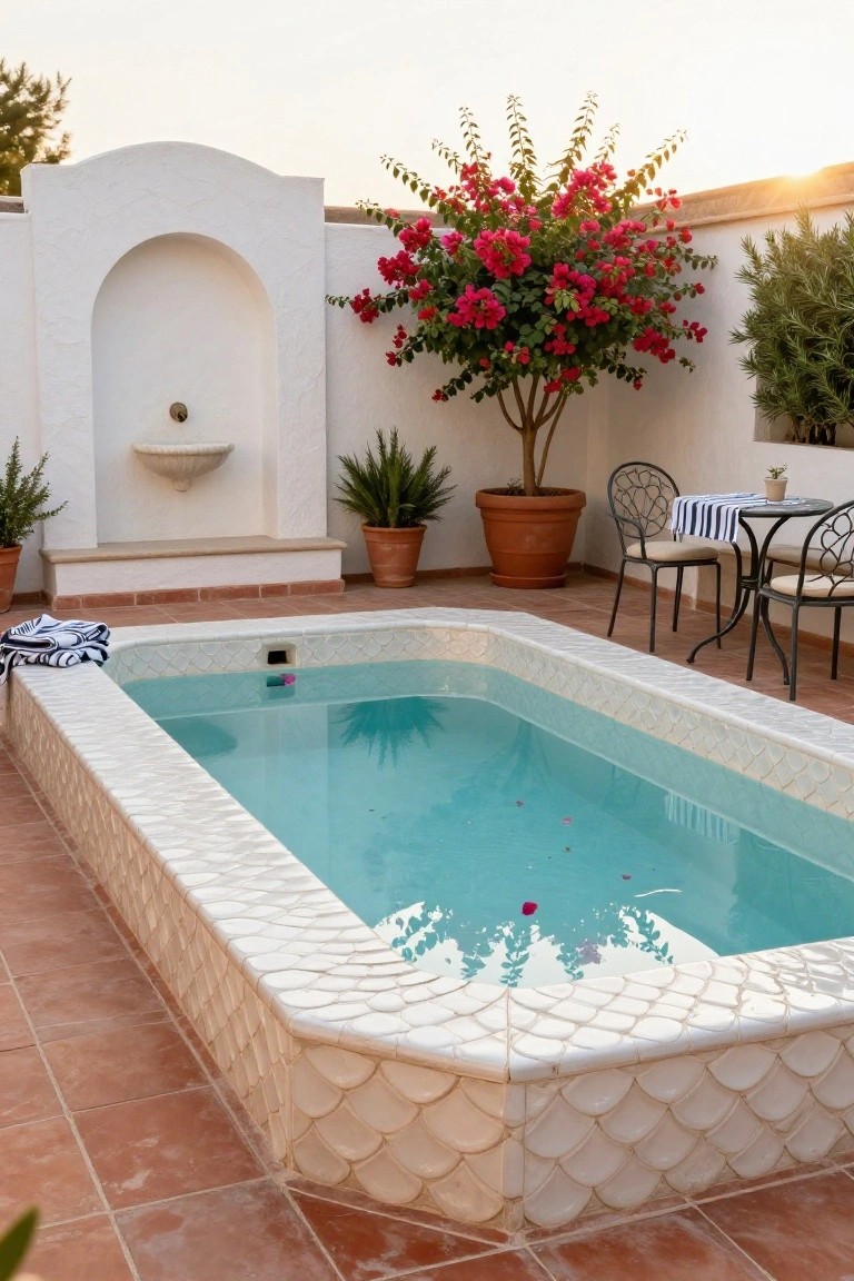 Rectangular turquoise pool with white scalloped tile edges on terracotta pavers, surrounded by white stucco walls, a fountain niche, potted plants including a red bougainvillea tree, and metal chairs with striped towels at dusk.