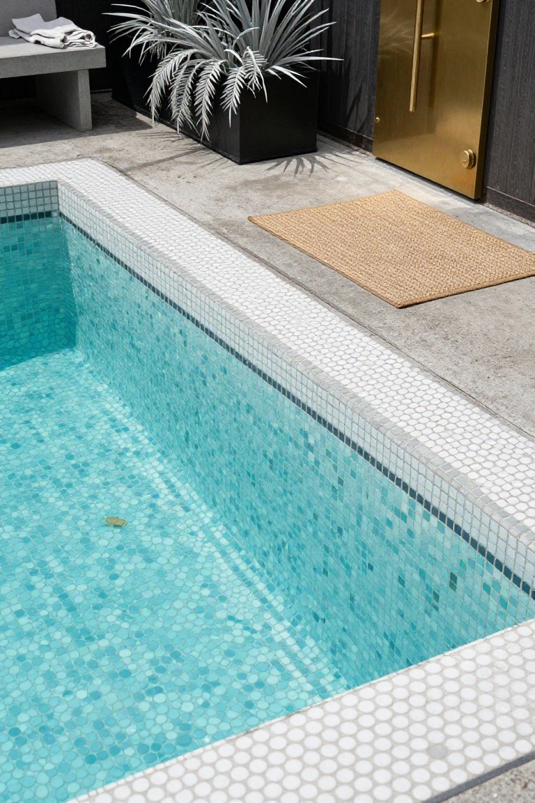Turquoise mosaic-tiled pool with white rounded mosaic tile coping along the edge, concrete deck, seagrass rug, potted plant, folded towels on bench, and gold door nearby.