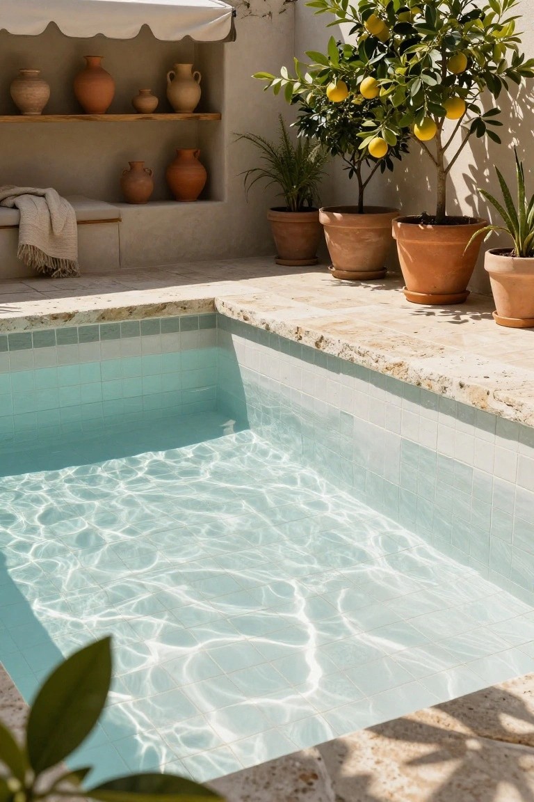Small rectangular plunge pool with light blue and white tiles in a sunlit stucco courtyard, surrounded by terracotta pots with plants, a lemon tree, shelves of pottery, and a bench with a folded blanket.