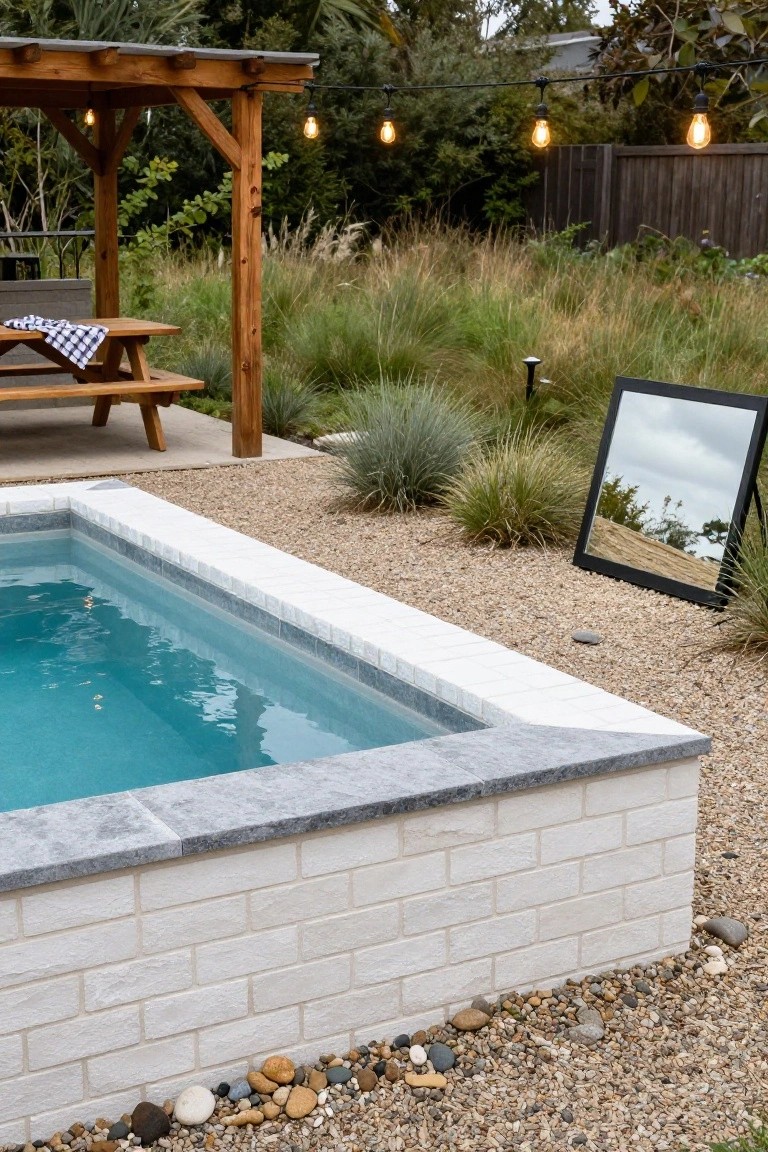 Small rectangular inground pool with turquoise water, white brick surround and granite coping, gravel yard with pebbles and grasses, pergola picnic table in background, and tall black-framed mirror leaning nearby.