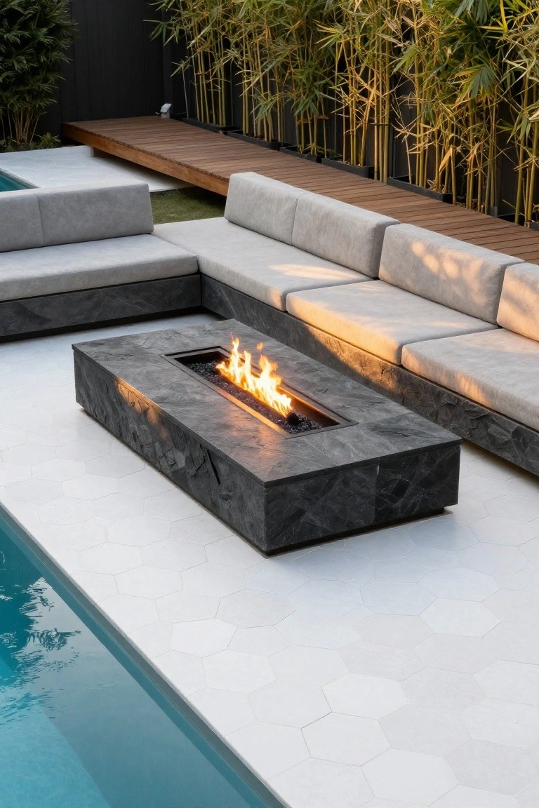 Outdoor poolside patio with white hexagonal tiles, black rectangular fire table with flames, gray L-shaped modular seating, wooden deck walkway, and tall bamboo screening along a black fence.