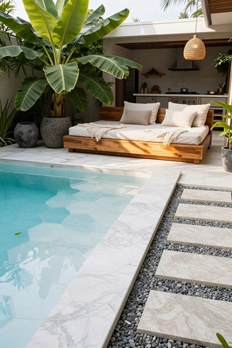 Small rectangular pool with light blue-white hexagonal tiles, white marble coping, gray pebble border with stone stepping slabs, wooden daybed with white cushions nearby, banana plants, and open kitchen pavilion in background.