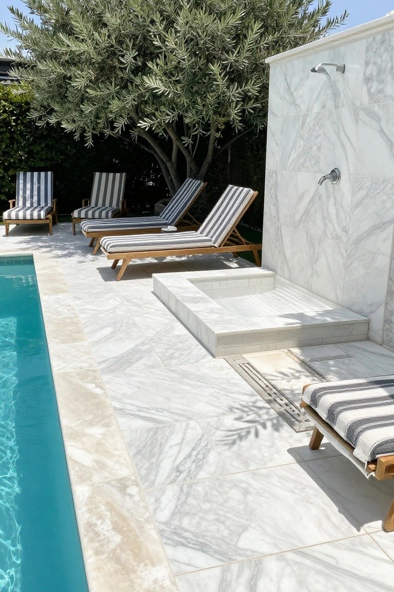 Pool deck tiled in white marble with beige coping along the edge, several wooden loungers with striped cushions nearby, an outdoor shower on a matching tiled wall, olive tree in the background, and blue pool water.