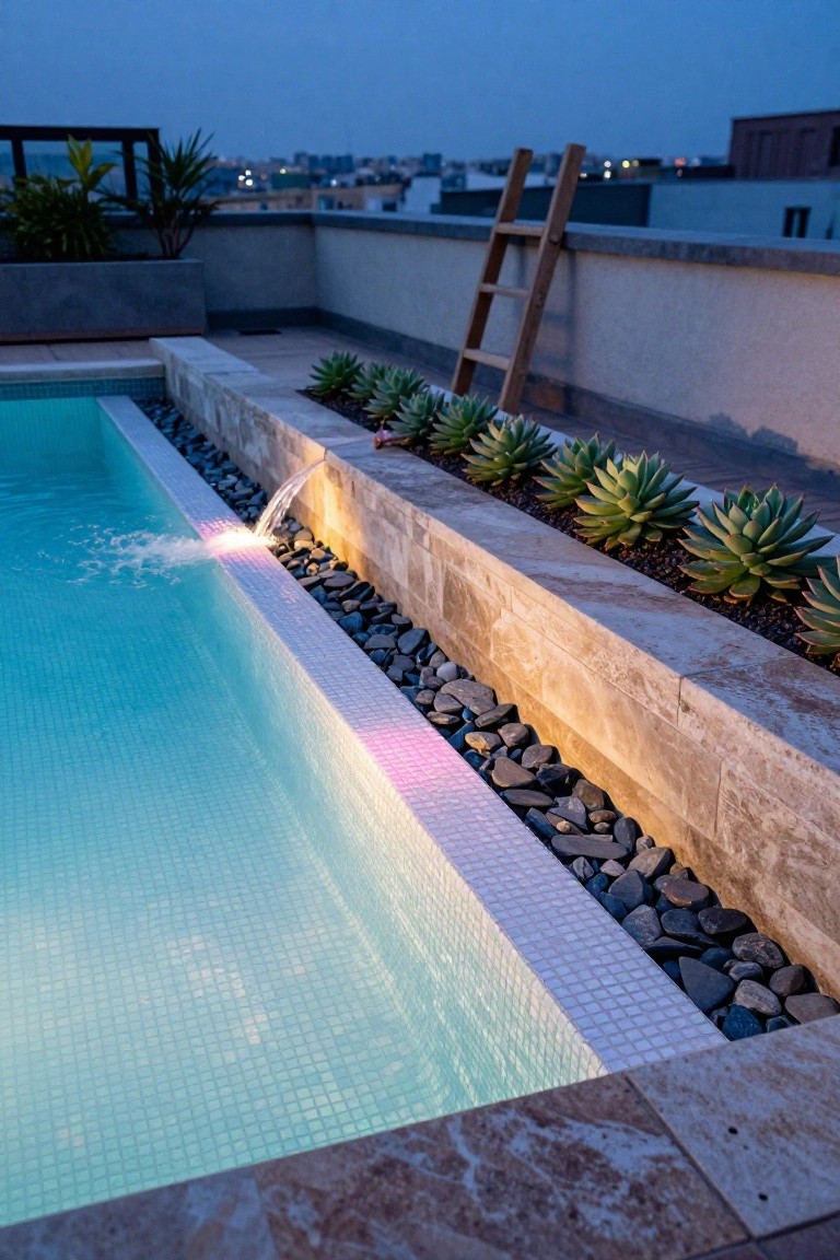 Rooftop pool with glossy white mosaic tiles along the edge, turquoise water, stone wall with waterfall feature lined by pebbles and succulents, wooden ladder against parapet wall, plants nearby, cityscape at dusk.