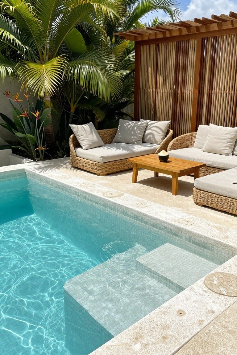 Outdoor infinity pool lined with white mosaic tiles and a tiled entry step, next to a travertine deck with rattan outdoor sofa, wooden coffee table holding a coconut drink, tropical plants, and bamboo screens.
